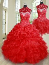 Charming Three Piece Beading and Ruffles and Pick Ups Sweet 16 Dress Red Lace Up Sleeveless Floor Length