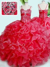  Red Vestidos de Quinceanera Military Ball and Sweet 16 and Quinceanera with Beading and Ruffles Spaghetti Straps Sleeveless Lace Up