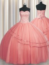 Nice Visible Boning Puffy Skirt Tulle Sweetheart Sleeveless Lace Up Beading Ball Gown Prom Dress in Watermelon Red