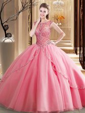 Free and Easy Scoop Beading Vestidos de Quinceanera Watermelon Red Lace Up Sleeveless Brush Train