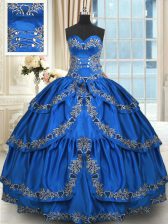  Sleeveless Taffeta Floor Length Lace Up 15 Quinceanera Dress in Blue with Beading and Embroidery and Ruffled Layers