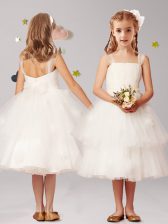 Suitable Straps White Sleeveless Tea Length Appliques and Ruffled Layers and Bowknot Zipper Flower Girl Dresses