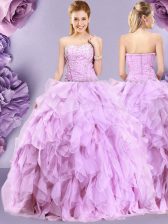 New Arrival Lilac Sleeveless Floor Length Beading and Ruffles Zipper 15 Quinceanera Dress