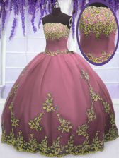  Lilac Tulle Zipper Ball Gown Prom Dress Sleeveless Floor Length Appliques
