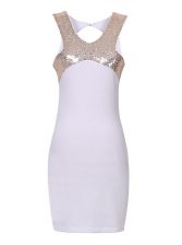  Halter Top Sleeveless Elastic Woven Satin Mini Length Zipper Prom Evening Gown in White with Sequins