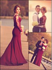  With Train Burgundy Homecoming Dress Elastic Woven Satin Court Train Long Sleeves Lace and Appliques