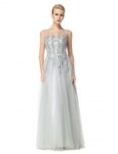 Fabulous Empire Prom Gown Silver Scoop Tulle Sleeveless Floor Length Zipper