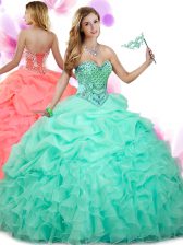  Apple Green Ball Gowns Organza Sweetheart Sleeveless Beading and Ruffles and Pick Ups Floor Length Lace Up Sweet 16 Quinceanera Dress