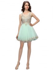  Apple Green A-line Scoop Sleeveless Organza Mini Length Zipper Beading and Appliques Prom Party Dress