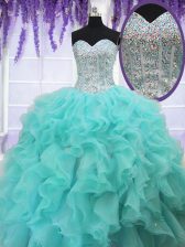 Pretty Aqua Blue Ball Gowns Sweetheart Sleeveless Organza Floor Length Lace Up Ruffles and Sequins Quinceanera Dresses