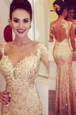  Mermaid Sequins Gold Long Sleeves Tulle Backless Dress for Prom for Prom and Party