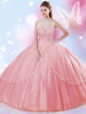  Tulle High-neck Sleeveless Lace Up Beading Quince Ball Gowns in Watermelon Red