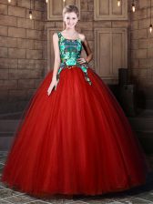 Cute One Shoulder Floor Length Lace Up Quince Ball Gowns Rust Red for Military Ball and Sweet 16 and Quinceanera with Pattern