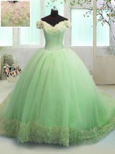 Chic Off the Shoulder Short Sleeves Court Train Hand Made Flower Lace Up Vestidos de Quinceanera