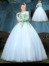  Ball Gowns Quinceanera Dress Light Blue Scoop Tulle Long Sleeves Floor Length Lace Up
