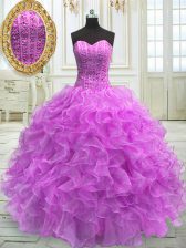 Glorious Lilac Lace Up Sweetheart Beading and Ruffles Vestidos de Quinceanera Organza Sleeveless