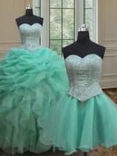  Three Piece Beading and Ruffles and Pick Ups Quinceanera Gown Turquoise Lace Up Sleeveless Floor Length