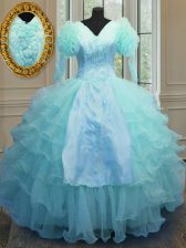 Pretty Blue Quinceanera Dresses Military Ball and Sweet 16 and Quinceanera with Embroidery and Ruffled Layers V-neck Long Sleeves Zipper