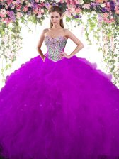 Deluxe Floor Length Eggplant Purple Quince Ball Gowns Sweetheart Sleeveless Lace Up