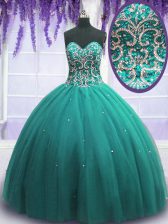  Floor Length Lace Up 15th Birthday Dress Turquoise for Military Ball and Sweet 16 and Quinceanera with Beading