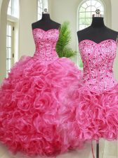 Decent Three Piece Floor Length Hot Pink Quince Ball Gowns Sweetheart Sleeveless Lace Up