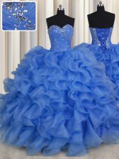  Blue Organza Lace Up Sweetheart Sleeveless Floor Length Quince Ball Gowns Beading and Ruffles