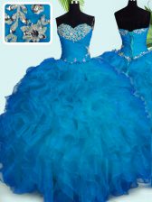  Blue Lace Up Sweetheart Beading and Ruffles Sweet 16 Quinceanera Dress Organza Sleeveless