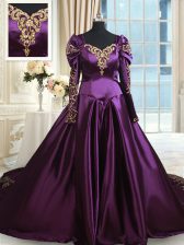  Off the Shoulder Dark Purple Long Sleeves Chapel Train Beading and Embroidery With Train Quinceanera Dresses