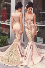 Gorgeous Mermaid With Train Pink Prom Party Dress Scoop Sleeveless Sweep Train Zipper