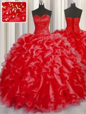  Coral Red Quince Ball Gowns Military Ball and Sweet 16 and Quinceanera with Beading and Ruffles Halter Top Sleeveless Lace Up