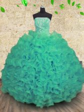  Floor Length Turquoise Quince Ball Gowns Organza Sleeveless Beading and Ruffles
