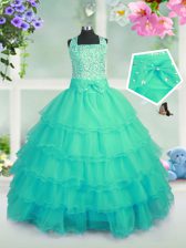 Beauteous Turquoise Lace Up Square Beading and Ruffled Layers Little Girls Pageant Dress Organza Sleeveless