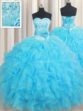 Traditional Floor Length Baby Blue Ball Gown Prom Dress Organza Sleeveless Beading and Ruffles and Hand Made Flower