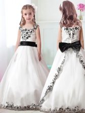  Straps Floor Length White Flower Girl Dresses for Less Tulle Sleeveless Appliques and Belt