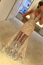 Sumptuous Mermaid Floor Length Zipper Prom Evening Gown Champagne for Prom with Appliques