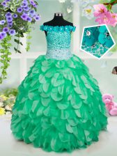 Super Off the Shoulder Green Lace Up Little Girls Pageant Gowns Beading and Hand Made Flower Sleeveless Floor Length
