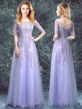 Excellent Lavender Square Lace Up Appliques Quinceanera Court of Honor Dress Half Sleeves