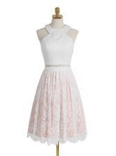 Simple Halter Top Lace Knee Length Zipper Prom Dress Pink And White for Prom with Beading