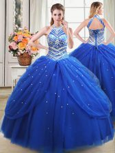 Inexpensive Halter Top Pick Ups Royal Blue Sleeveless Tulle Lace Up Quinceanera Dress for Military Ball and Sweet 16 and Quinceanera