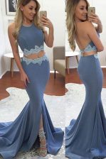 Gorgeous Mermaid Halter Top Blue Sleeveless Lace Backless Prom Dress