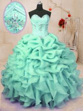 Latest Floor Length Apple Green Quinceanera Dresses Organza Sleeveless Beading and Ruffles and Pick Ups