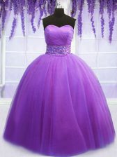 Extravagant Purple Sleeveless Floor Length Belt Lace Up Sweet 16 Quinceanera Dress