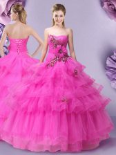 Comfortable Sleeveless Floor Length Appliques and Ruffled Layers and Hand Made Flower Lace Up 15 Quinceanera Dress with Hot Pink