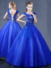  Short Sleeves Floor Length Lace Up Quinceanera Dress Royal Blue for Military Ball and Sweet 16 and Quinceanera with Lace and Appliques