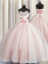 Eye-catching Floor Length Pink Sweet 16 Quinceanera Dress Spaghetti Straps Sleeveless Lace Up