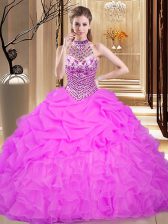  Halter Top Sleeveless Quinceanera Dress Floor Length Beading and Ruffles and Pick Ups Lilac Organza