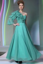  One Shoulder Turquoise Empire Ruffles and Ruching Prom Party Dress Zipper Chiffon Long Sleeves Floor Length