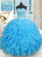 Edgy Organza Sweetheart Sleeveless Lace Up Beading 15th Birthday Dress in Baby Blue