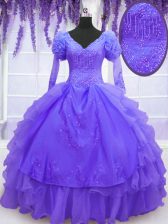 Discount Purple Long Sleeves Organza Lace Up Ball Gown Prom Dress for Military Ball and Sweet 16 and Quinceanera