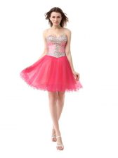  Coral Red A-line Beading Dress for Prom Zipper Organza Sleeveless Knee Length